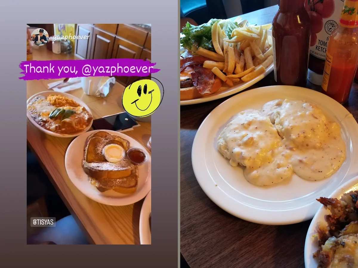 Breakfast plates on a family restaurant table.