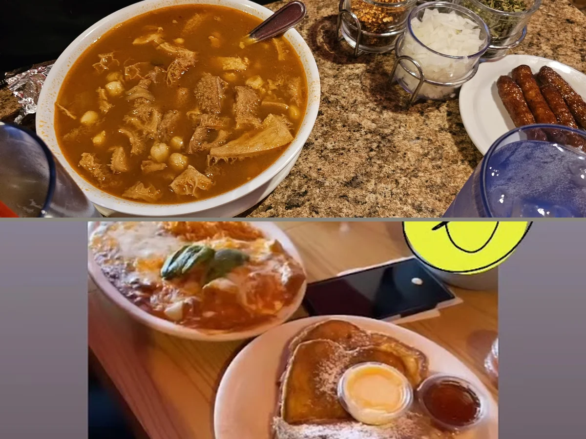 Breakfast plates on a family restaurant table.