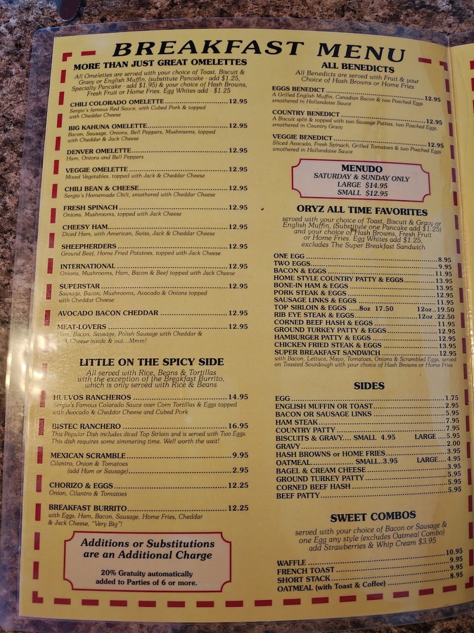 Printed menu beside breakfast and lunch sections.