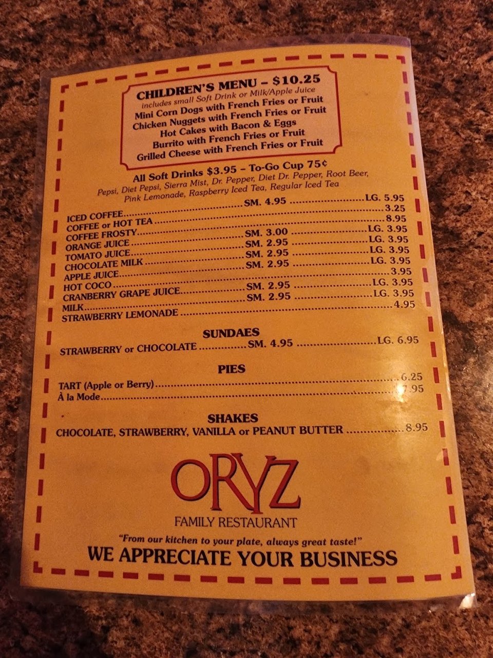 Restaurant menu page with comfort food choices.